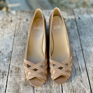 Stewart Weitzman vintage leather glossy peep toe semi wedge heels